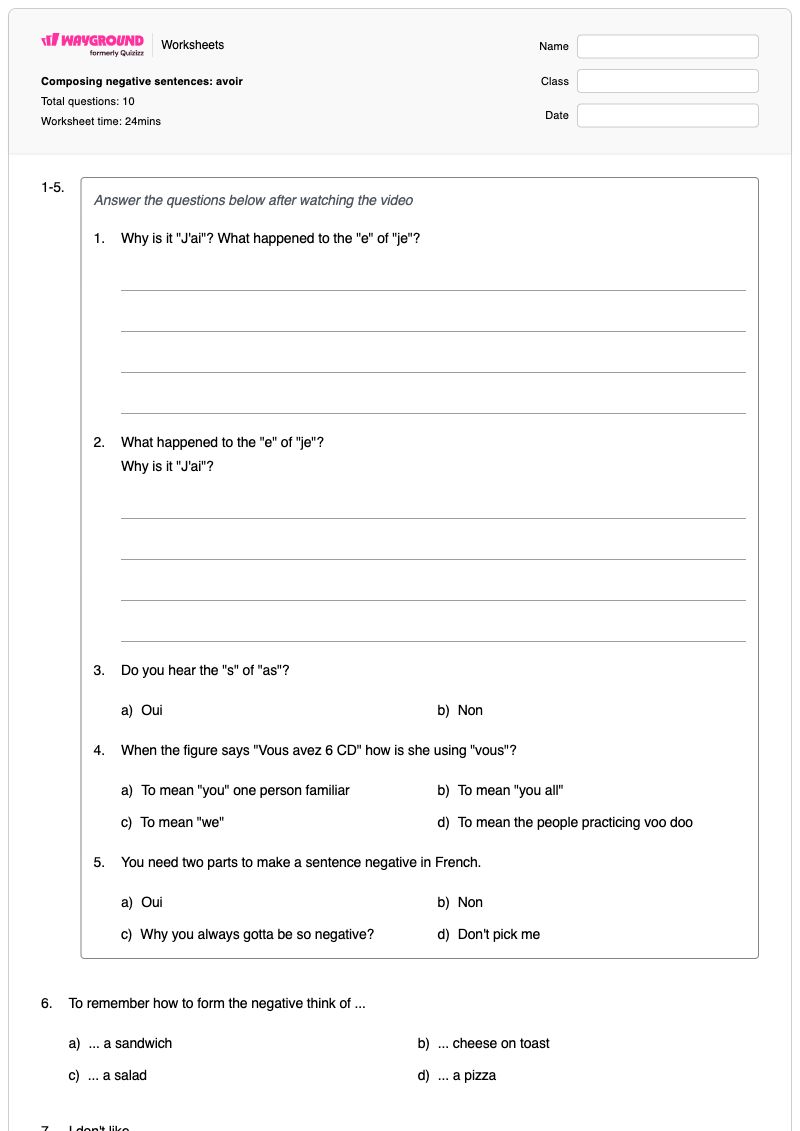 Composing negative sentences: avoir - Imprimible Educación-física Hojas-de-trabajo Grado 9 - Wayground