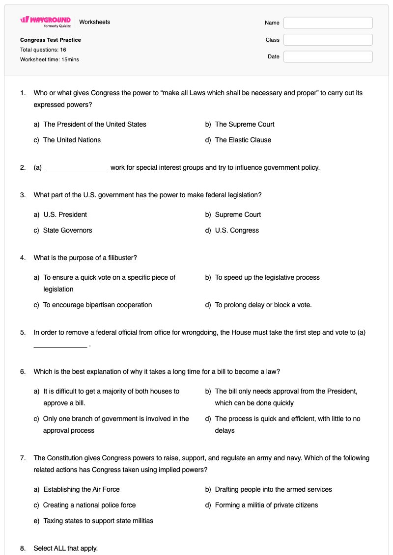 Congress Test Practice - พิมพ์ได้ กระบวนการขับไล่ เวิร์กชีท ระดับ 7 - Wayground