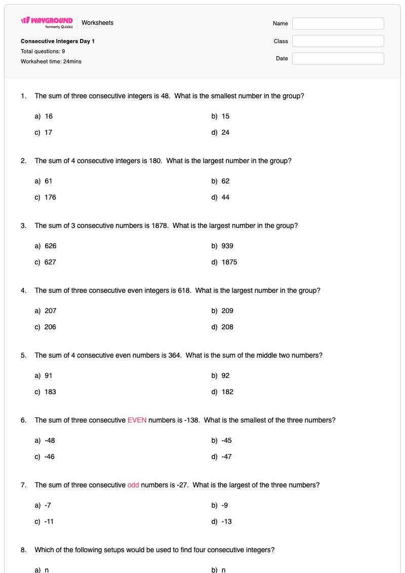 Consecutive Integers Day 1 - พิมพ์ได้ จำนวนเต็มที่ต่อเนื่องกัน เวิร์กชีท ระดับ 8 - Wayground