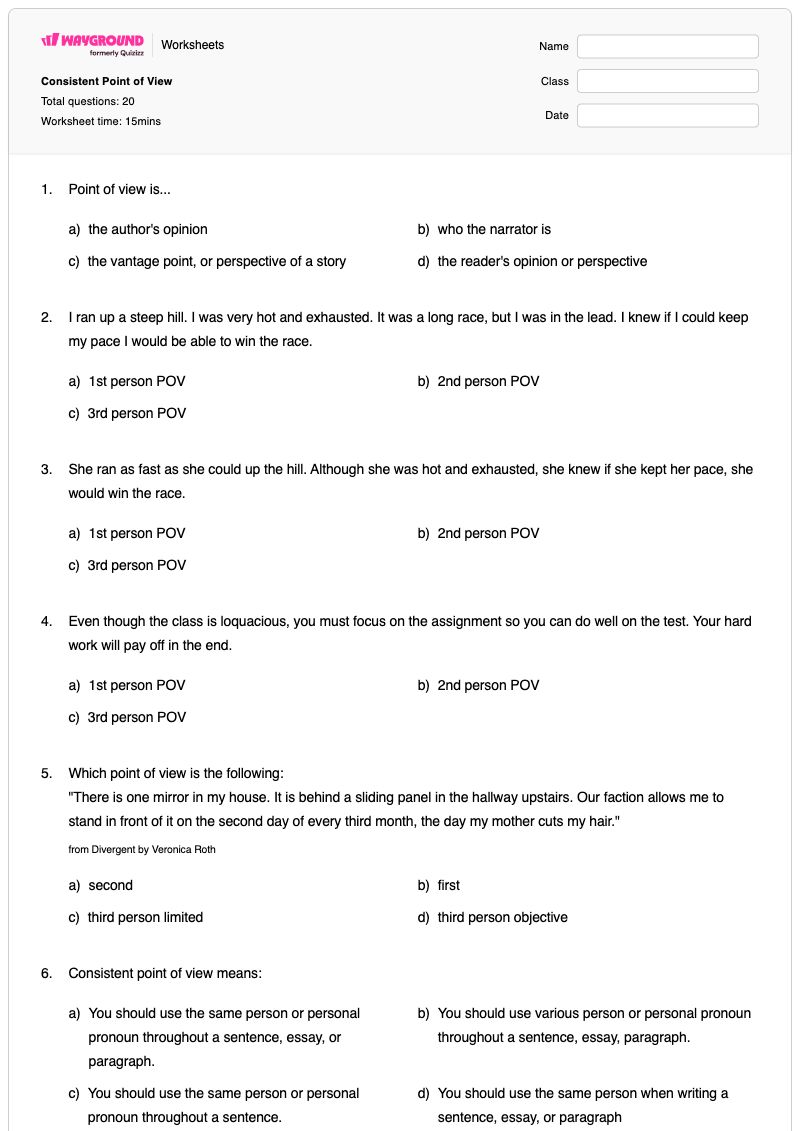 Consistent Point of View - พิมพ์ได้ Analyzing-point-of-view เวิร์กชีท ระดับ 7 - Wayground