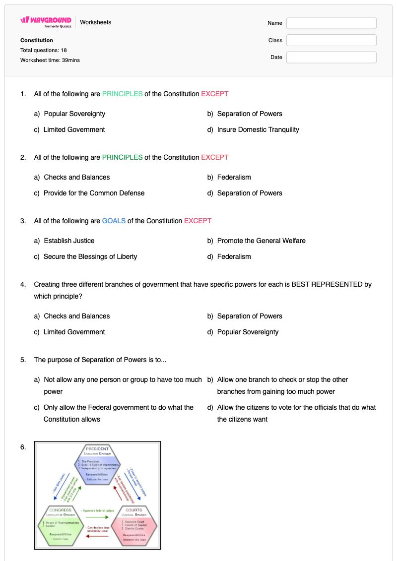 Constitution  - พิมพ์ได้ Financial-goals เวิร์กชีท ระดับ 7 - Wayground