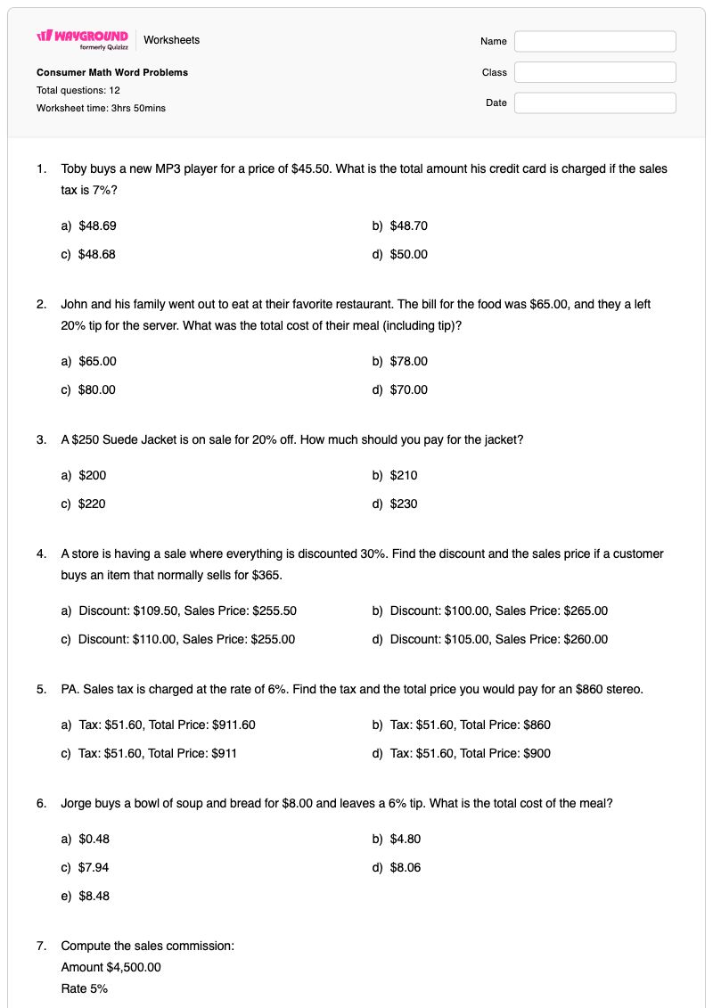 Consumer Math Word Problems - Free Printable Worksheet | Wayground