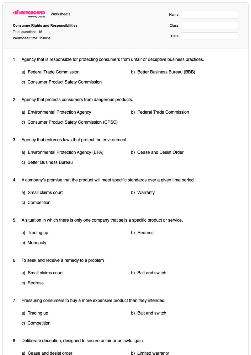 Consumer Rights and Responsibilities - พิมพ์ได้ สิทธิและความรับผิดชอบ เวิร์กชีท ระดับ 11 - Wayground