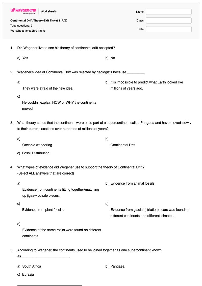 Continental Drift Theory-Exit Ticket 11A(2) - พิมพ์ได้ Continental-drift เวิร์กชีท ระดับ 9 - Wayground