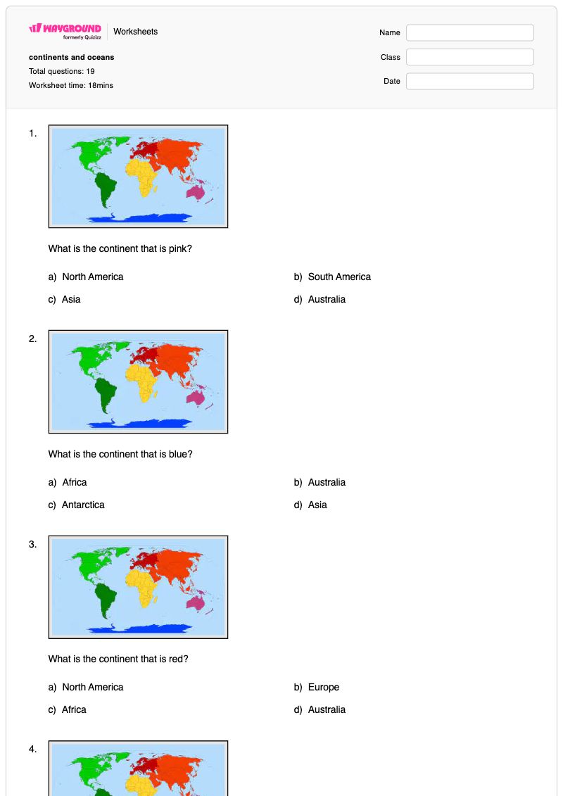 continents and oceans - พิมพ์ได้ ทวีปต่างๆ เวิร์กชีท ระดับ 5 - Wayground