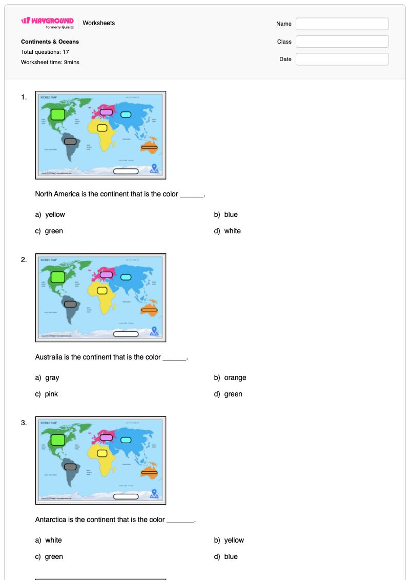 Continents & Oceans - พิมพ์ได้ ทวีปต่างๆ เวิร์กชีท ระดับ 4 - Wayground