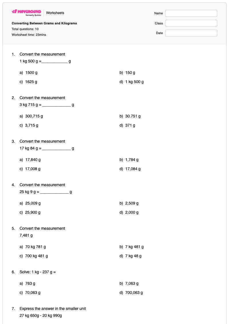 Converting Between Grams and Kilograms - Printable Converting-grams-and-kilograms Worksheets - Wayground