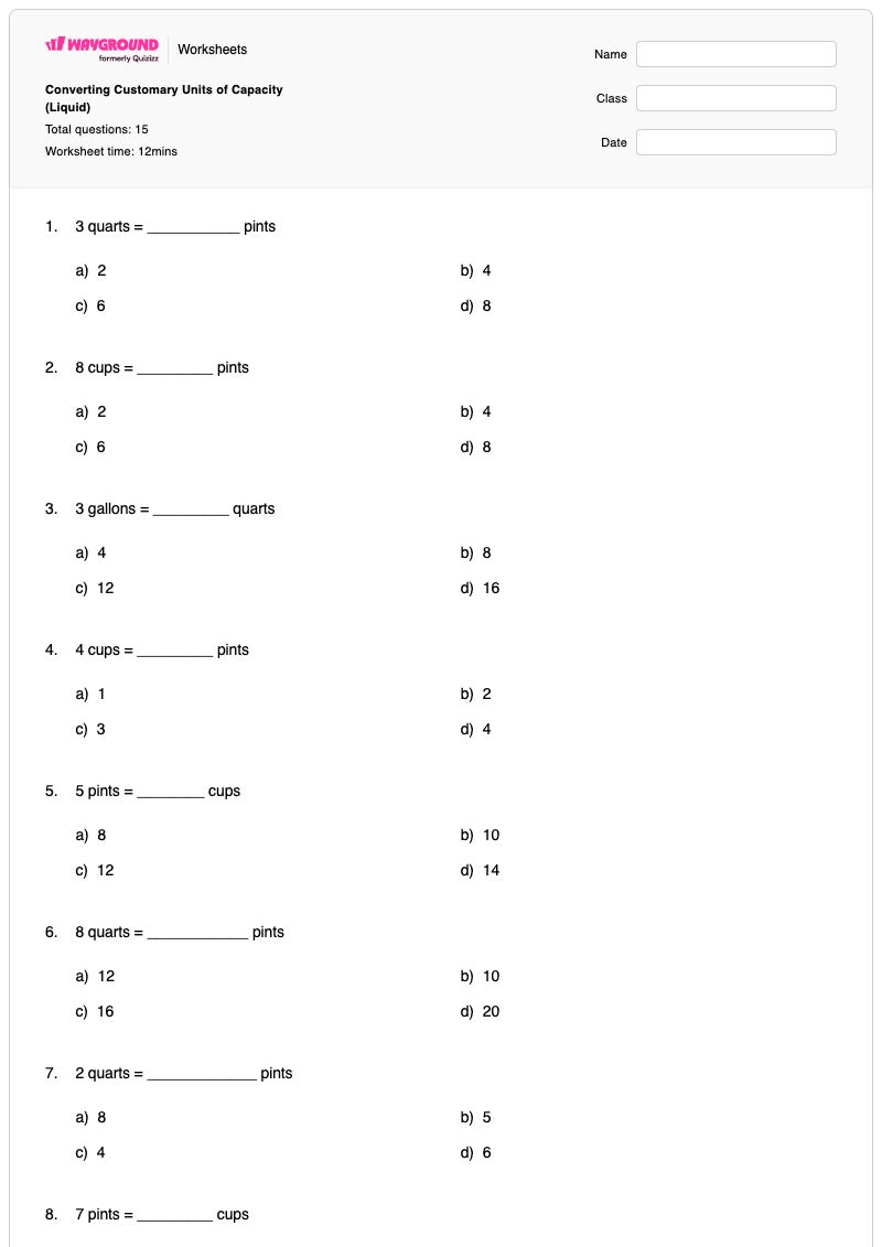 Converting Customary Units of Capacity (Liquid) - พิมพ์ได้ มาตราส่วนและการแปลงหน่วย เวิร์กชีท ระดับ 5 - Wayground