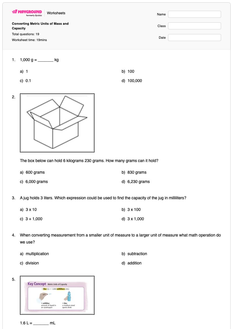 Converting Metric Units of Mass and Capacity - พิมพ์ได้ Converting-grams-and-kilograms เวิร์กชีท ระดับ 10 - Wayground
