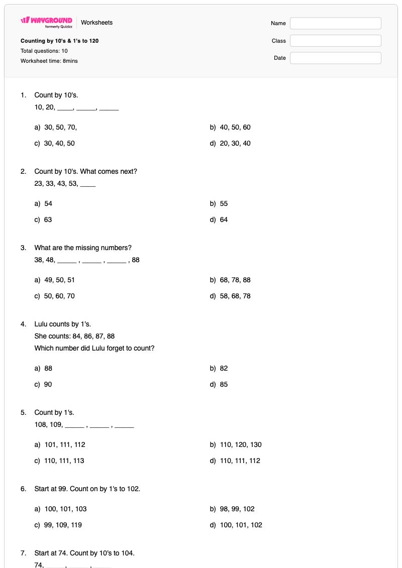 Counting by 10's & 1's to 120 - พิมพ์ได้ Sorting-by-size เวิร์กชีท ระดับ 1 - Wayground