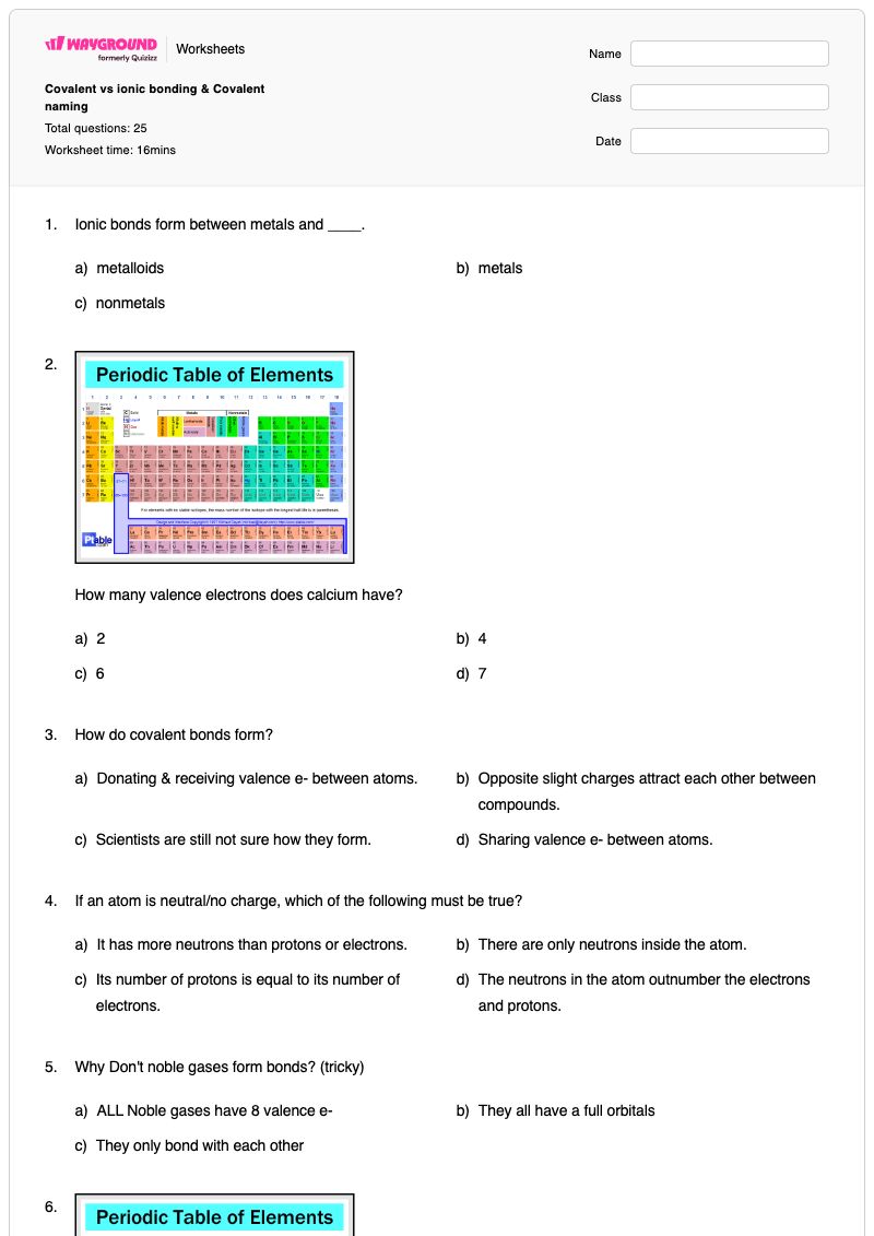 Covalent vs ionic bonding & Covalent naming - พิมพ์ได้ การตั้งชื่อสารประกอบไอออนิกและโคเวเลนต์ เวิร์กชีท - Wayground