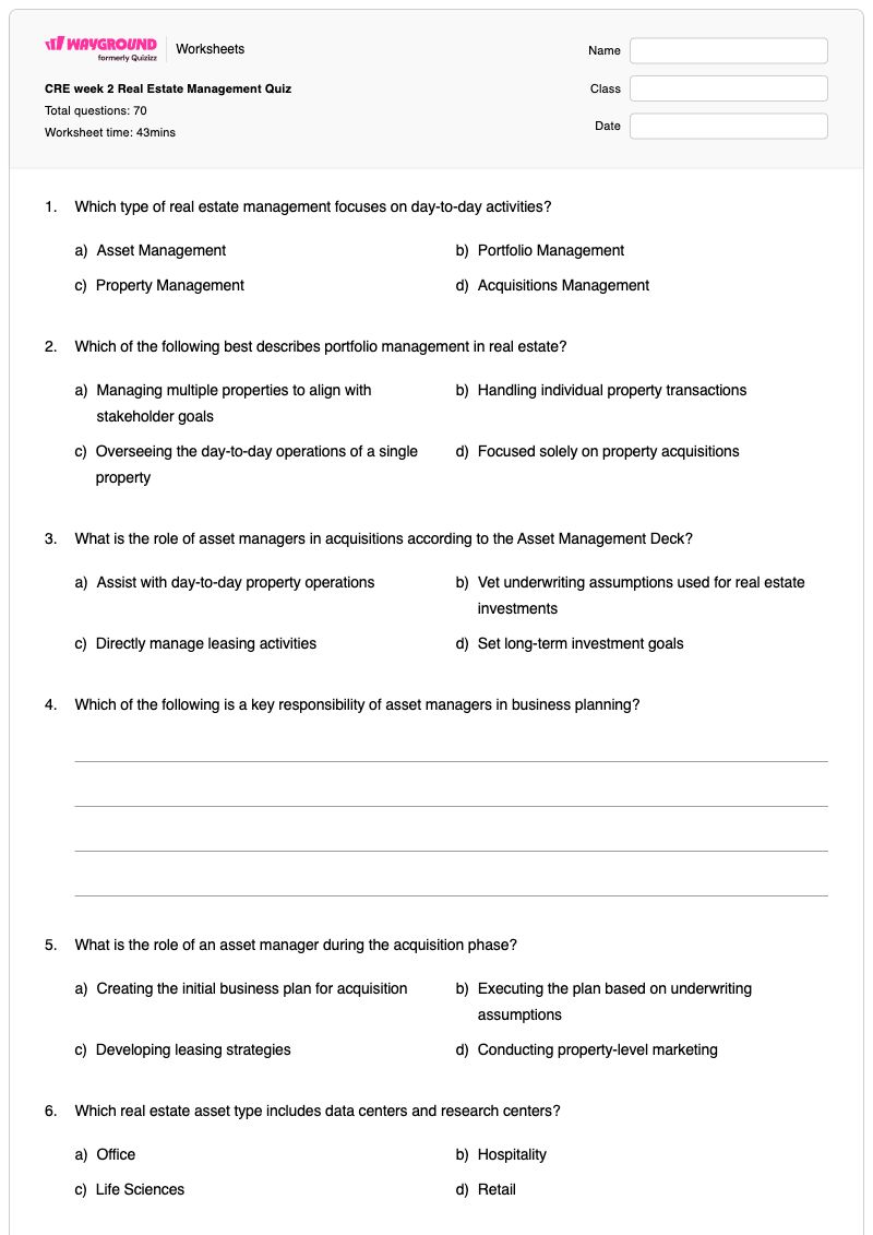 CRE week 2 Real Estate Management Quiz - Printable Debt-to-income-ratio Worksheets - Wayground