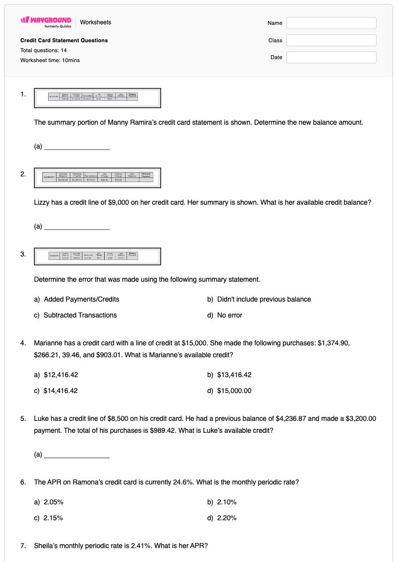 Credit Card Statement Questions - พิมพ์ได้ ใบแจ้งยอดบัตรเครดิต เวิร์กชีท ระดับ 12 - Wayground