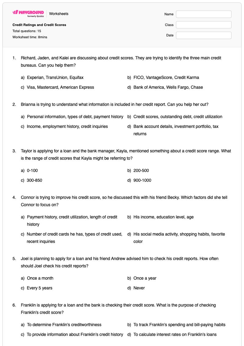 Credit Ratings and Credit Scores - พิมพ์ได้ ประเภทของสินเชื่อ เวิร์กชีท ระดับ 11 - Wayground