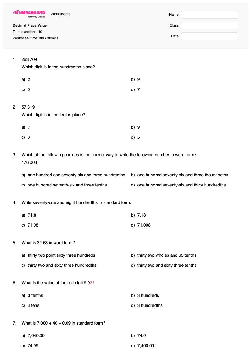 Decimal Place Value - พิมพ์ได้ ค่าประจำหลักทศนิยม เวิร์กชีท ระดับ 5 - Wayground