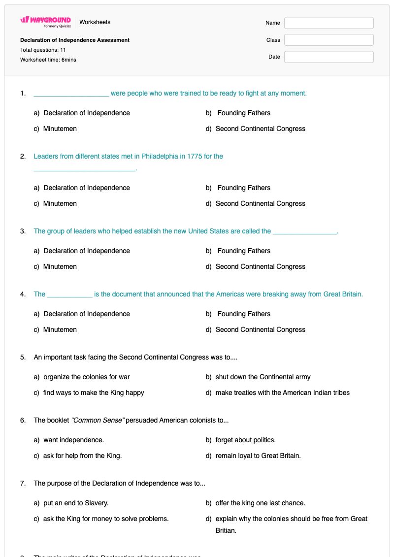 Declaration of Independence Assessment - พิมพ์ได้ บรรพบุรุษผู้ก่อตั้งประเทศ เวิร์กชีท ระดับ 4 - Wayground