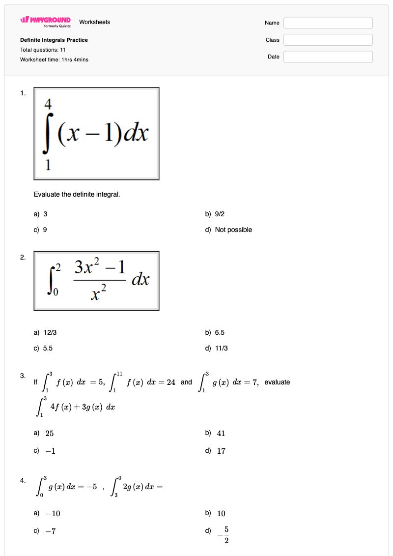 Definite Integrals Practice - พิมพ์ได้ อินทิกรัลจำกัด เวิร์กชีท ระดับ 12 - Wayground