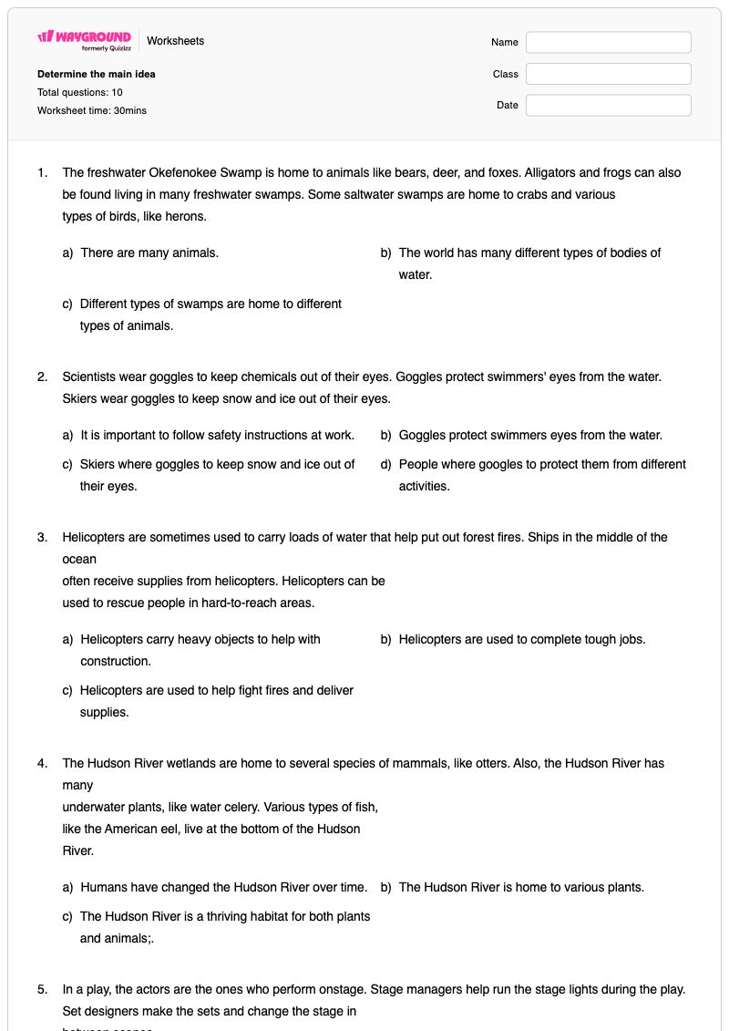 Determine the main idea - Printable Identifying-the-main-idea-in-nonfiction Worksheets Grade 2 - Wayground