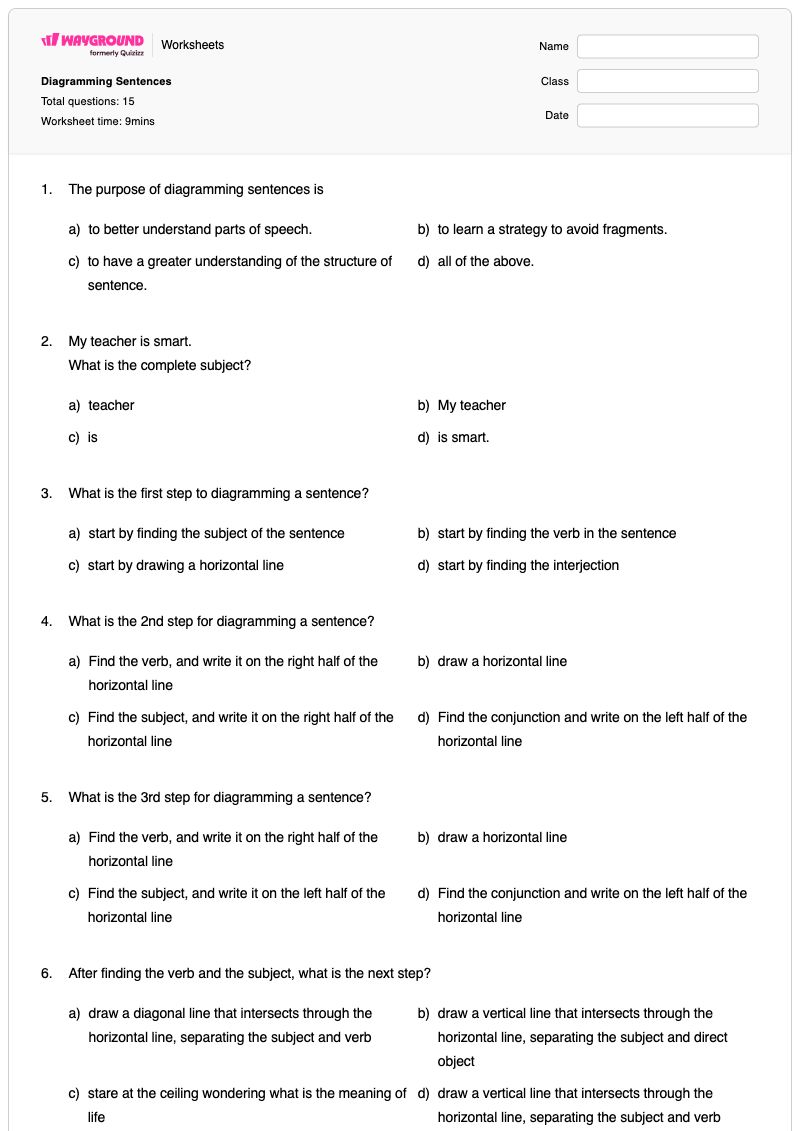 Diagramming Sentences - พิมพ์ได้ การสร้างไดอะแกรมประโยค เวิร์กชีท ระดับ 6 - Wayground