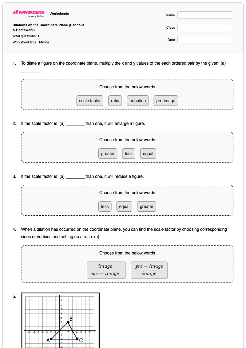 Dilations on the Coordinate Plane (Handout & Homework) - พิมพ์ได้ โจทย์ปัญหาเกี่ยวกับระนาบพิกัด เวิร์กชีท ระดับ 8 - Wayground