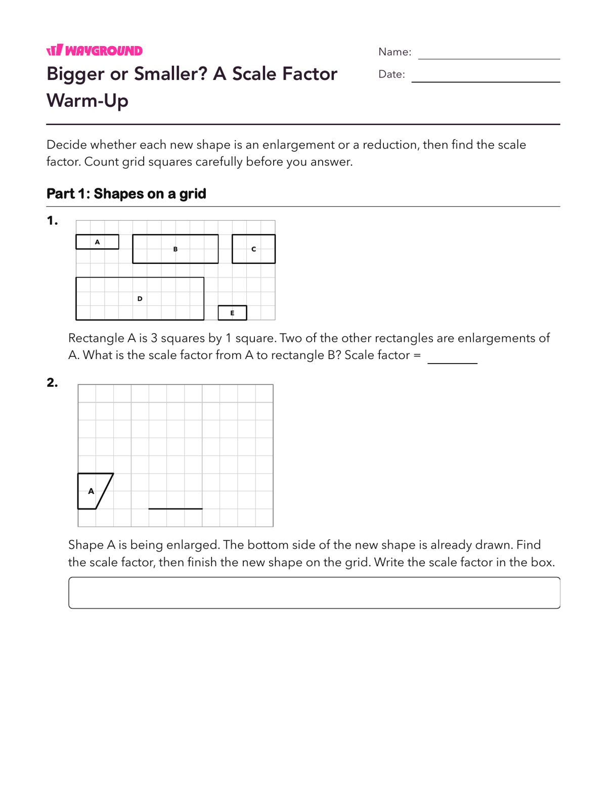 Bigger or Smaller? A Scale Factor Warm-Up - Dapat dicetak Dilasi Lembar-kerja Kelas 6 - Wayground