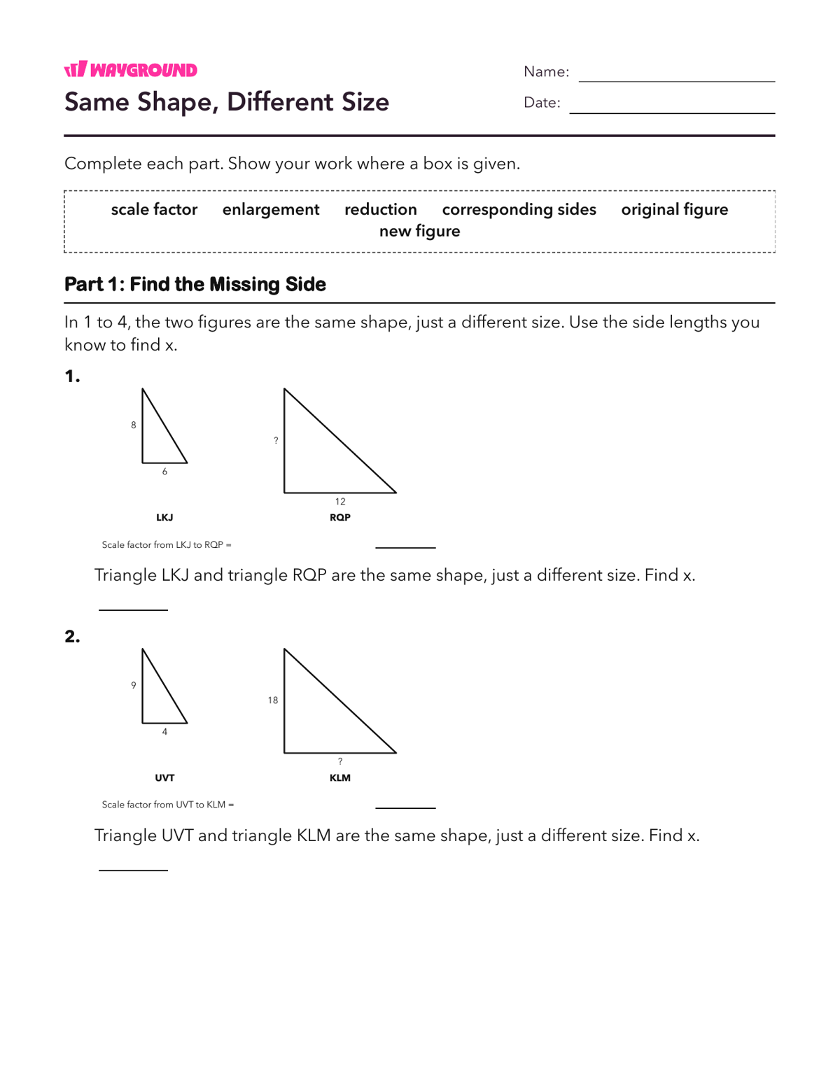 Same Shape, Different Size - Dapat dicetak Dilasi Lembar-kerja Kelas 6 - Wayground