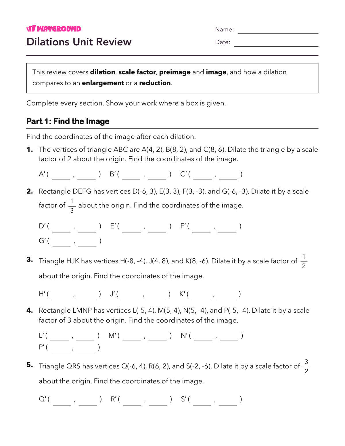 Dilations Unit Review - Printable Dilasi Lembar-kerja Kelas 8 - Wayground