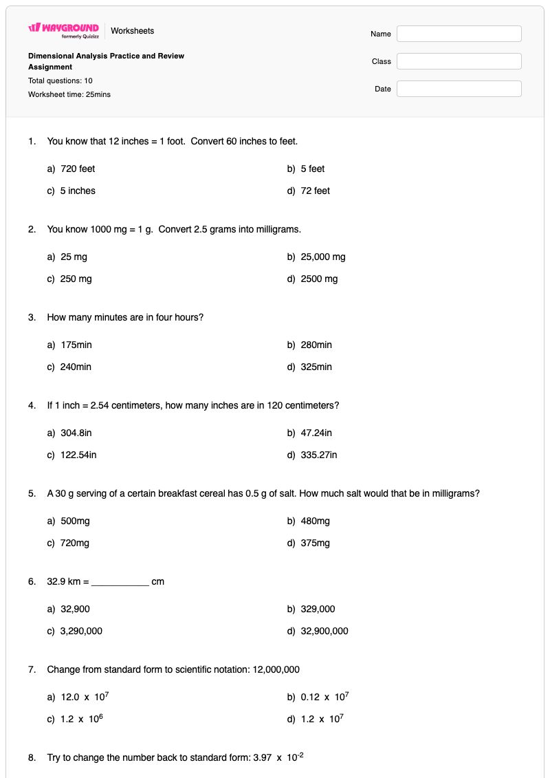 Dimensional Analysis Practice  and Review Assignment - พิมพ์ได้ One-dimensional-kinematics เวิร์กชีท - Wayground