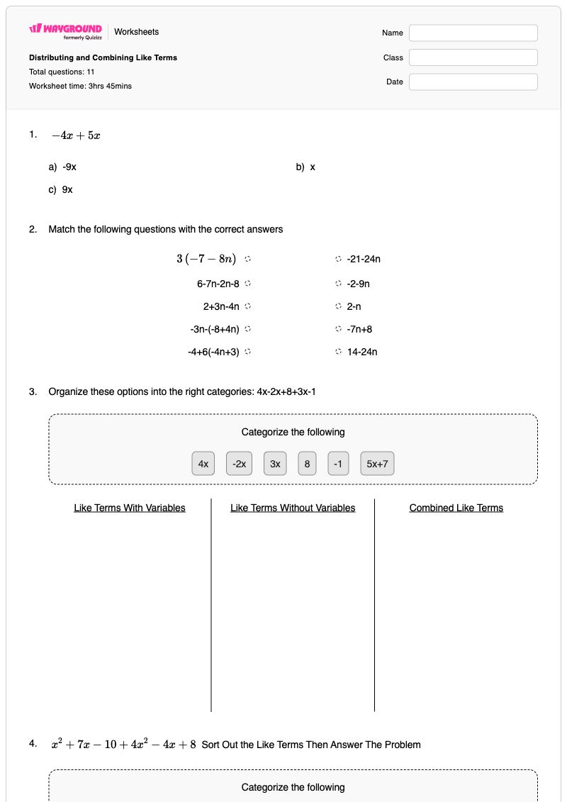 Distributing and Combining Like Terms - พิมพ์ได้ การรวมคำที่คล้ายกัน เวิร์กชีท ระดับ 7 - Wayground