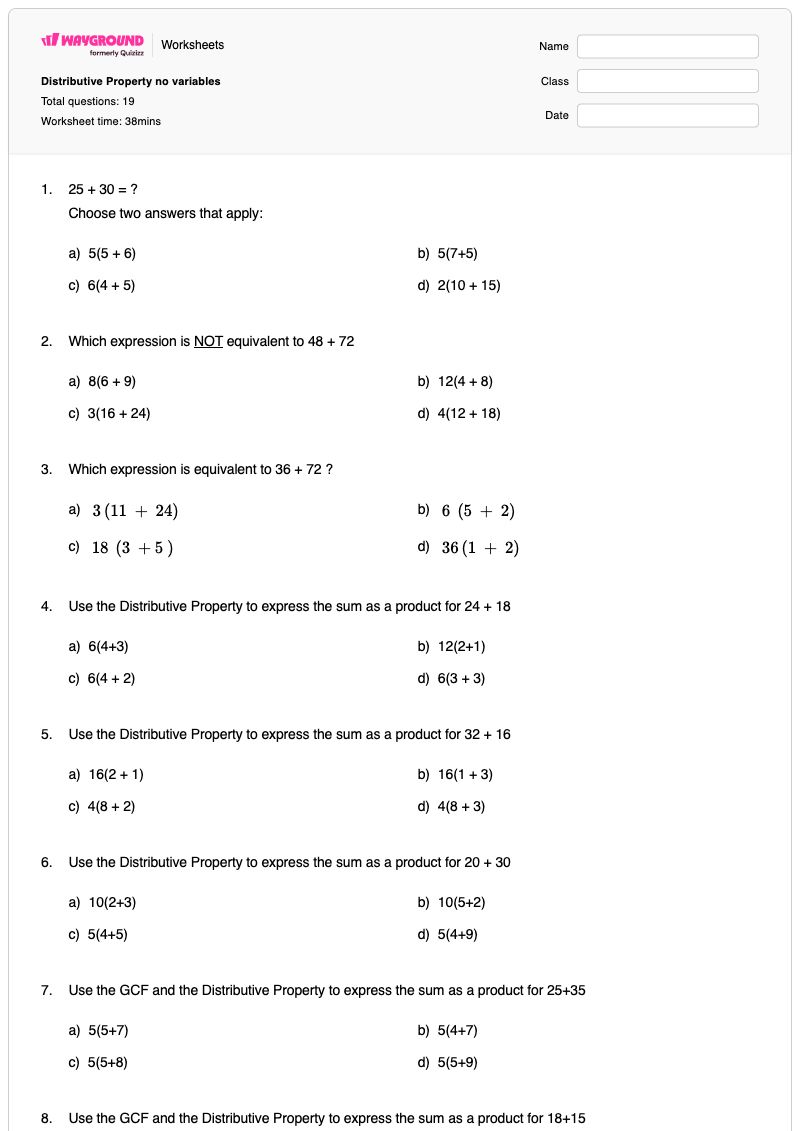 Distributive Property no variables - พิมพ์ได้ Distributive-property เวิร์กชีท ระดับ 6 - Wayground