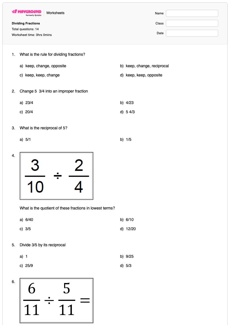 Dividing Fractions - พิมพ์ได้ Mixed-multiplication-and-division เวิร์กชีท - Wayground