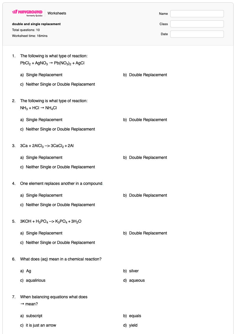 double and single replacement - พิมพ์ได้ Single-and-double-replacement-reactions เวิร์กชีท ระดับ 9 - Wayground