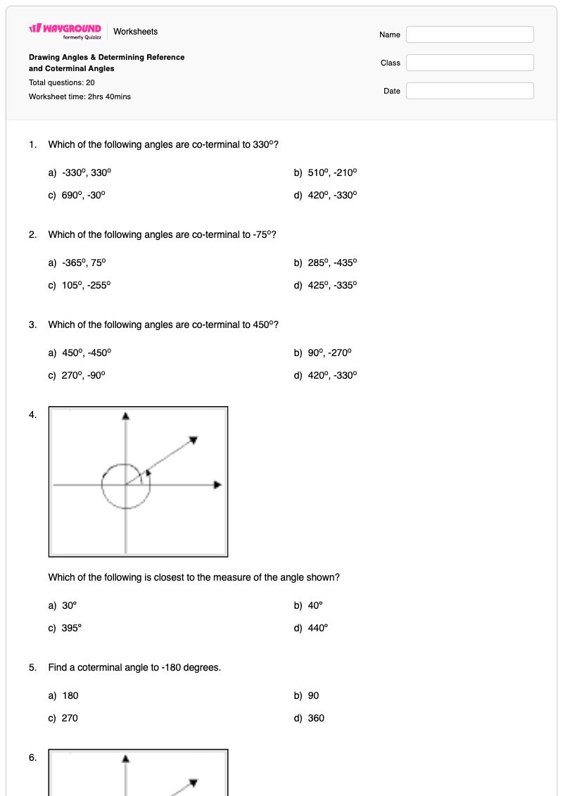 Drawing Angles & Determining Reference and Coterminal Angles  - พิมพ์ได้ การอ้างอิงเซลล์ในสเปรดชีต เวิร์กชีท ระดับ 11 - Wayground