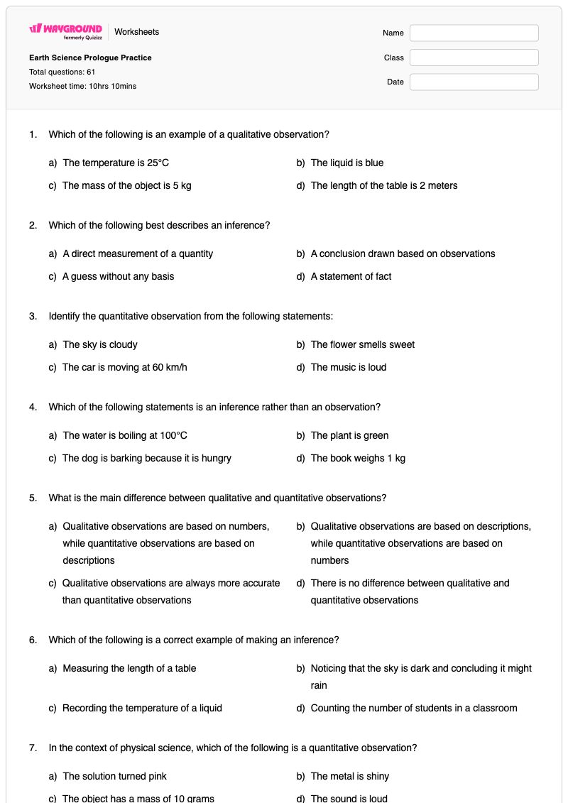 Earth Science Prologue Practice - พิมพ์ได้ Scientific-observation เวิร์กชีท ระดับ 9 - Wayground