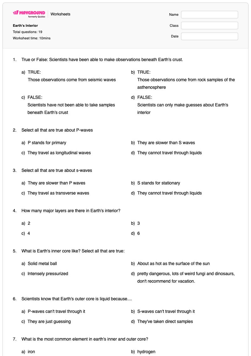 Earth's Interior - Printable Earth's-crust Worksheets Grade 8 - Wayground