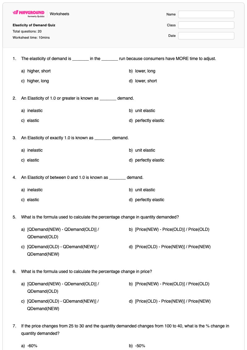 Elasticity of Demand Quiz - Printable Elasticity-of-demand Worksheets Class 12 - Wayground