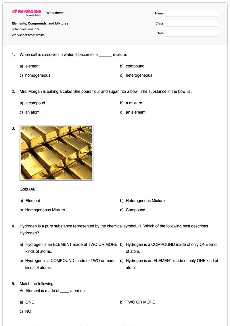 Elements, Compounds, and Mixtures - Printable Chemistry Worksheets - Wayground