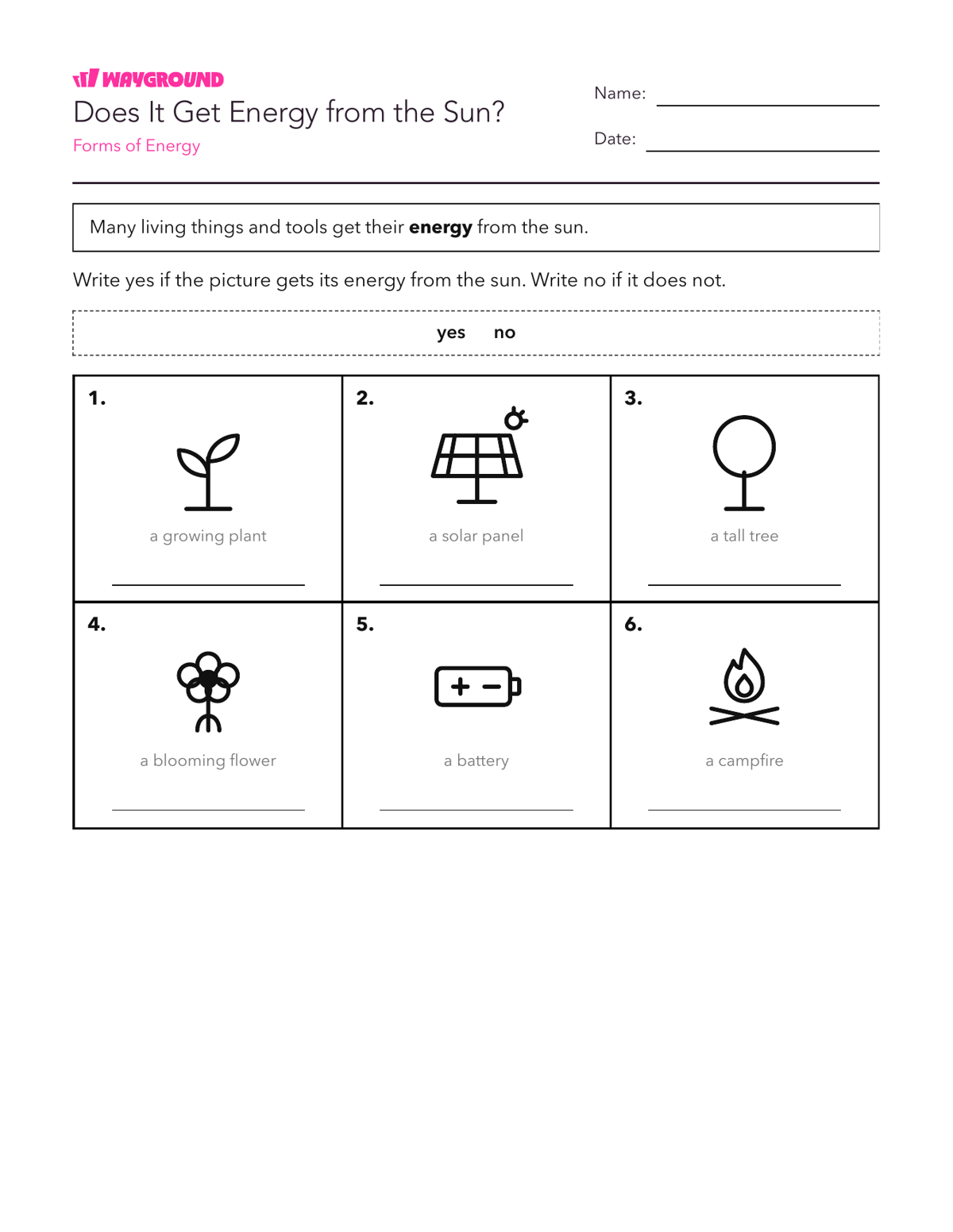 Does It Get Energy from the Sun? - Printable Năng-lượng Phiếu-bài-tập Lớp 1 - Quizizz