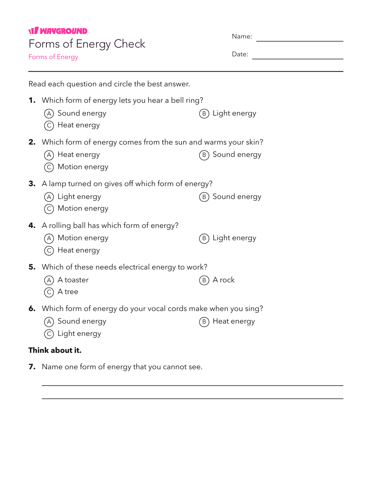 Forms of Energy Check - Có thể in Năng-lượng Phiếu-bài-tập Lớp 3 - Quizizz
