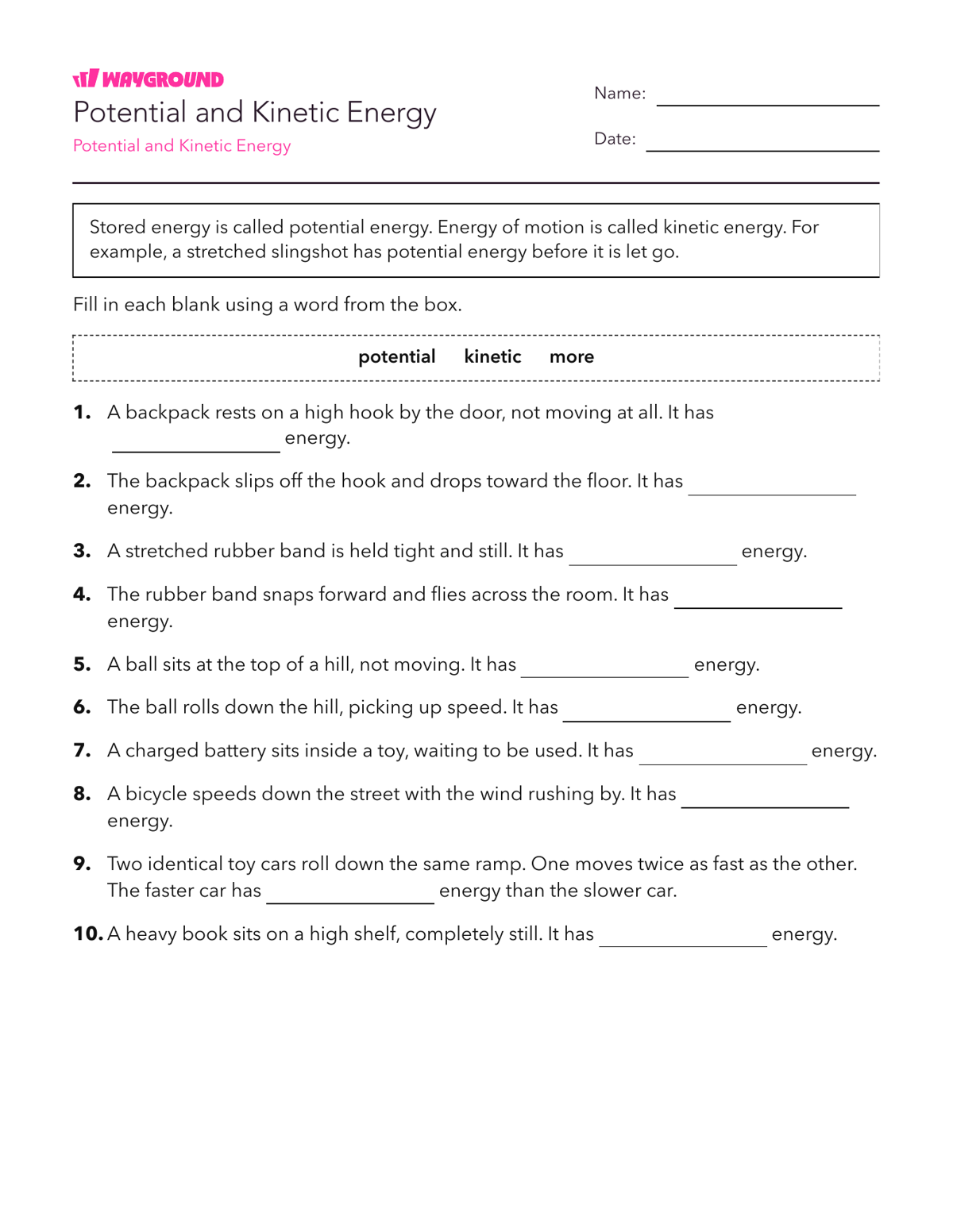 Potential and Kinetic Energy - Có thể in Năng-lượng Phiếu-bài-tập Lớp 4 - Quizizz
