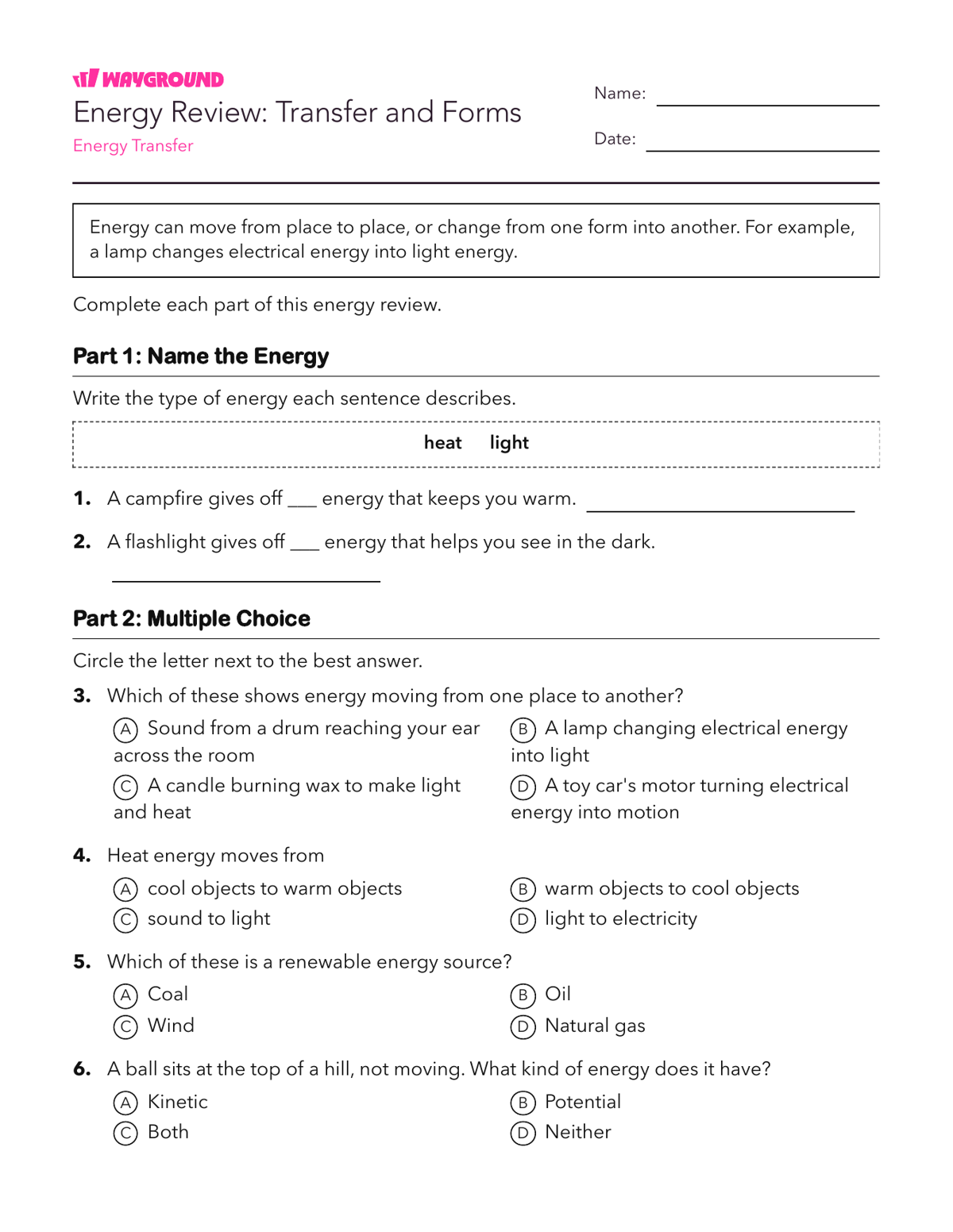 Energy Review: Transfer and Forms - Có thể in Năng-lượng Phiếu-bài-tập Lớp 4 - Quizizz