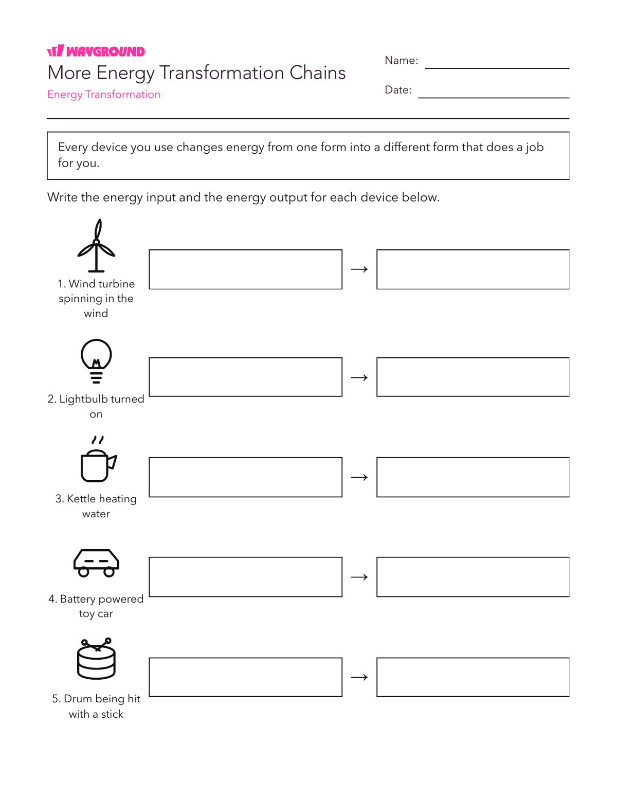 More Energy Transformation Chains - Printable Năng-lượng Phiếu-bài-tập Lớp 5 - Quizizz