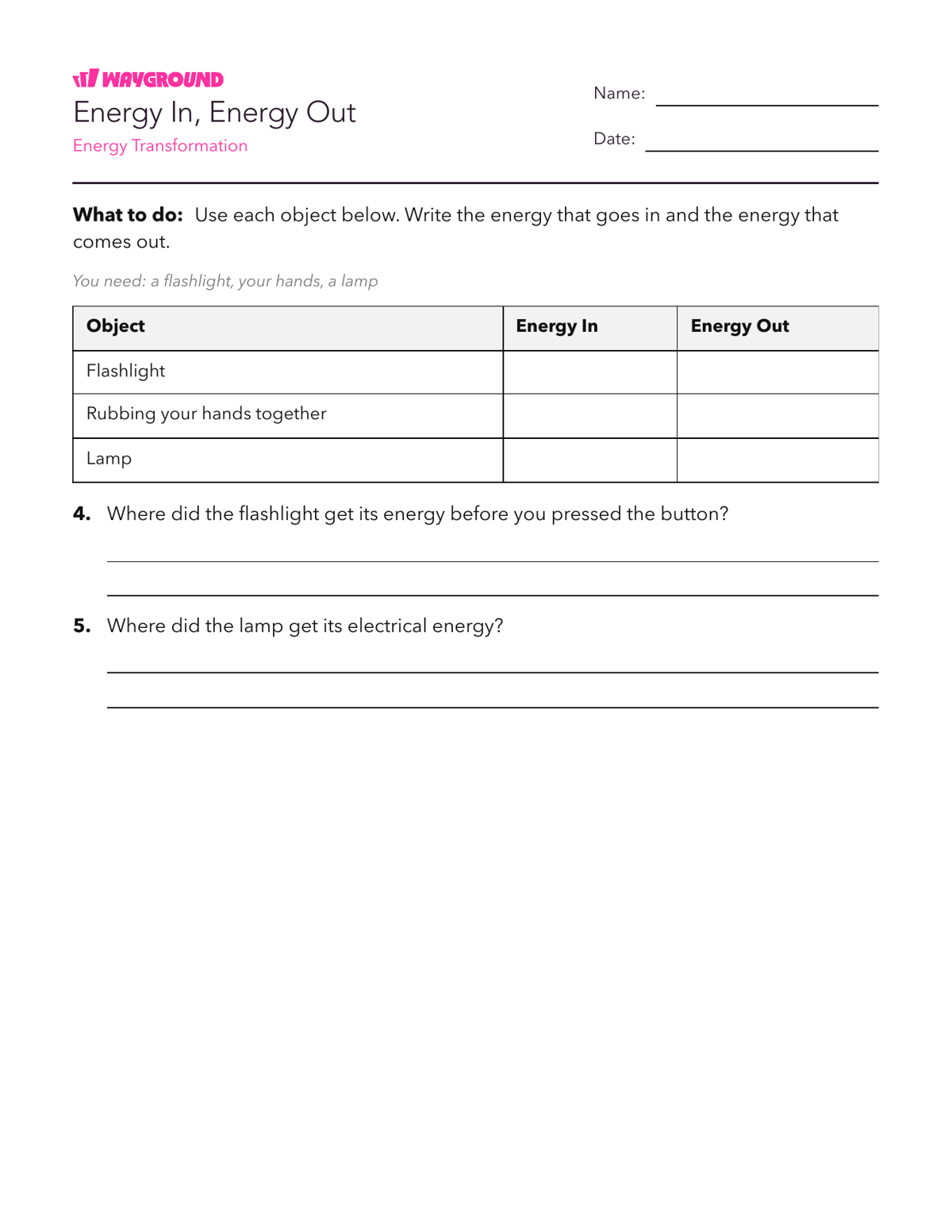 Energy In, Energy Out - Printable Năng-lượng Phiếu-bài-tập Lớp 5 - Quizizz