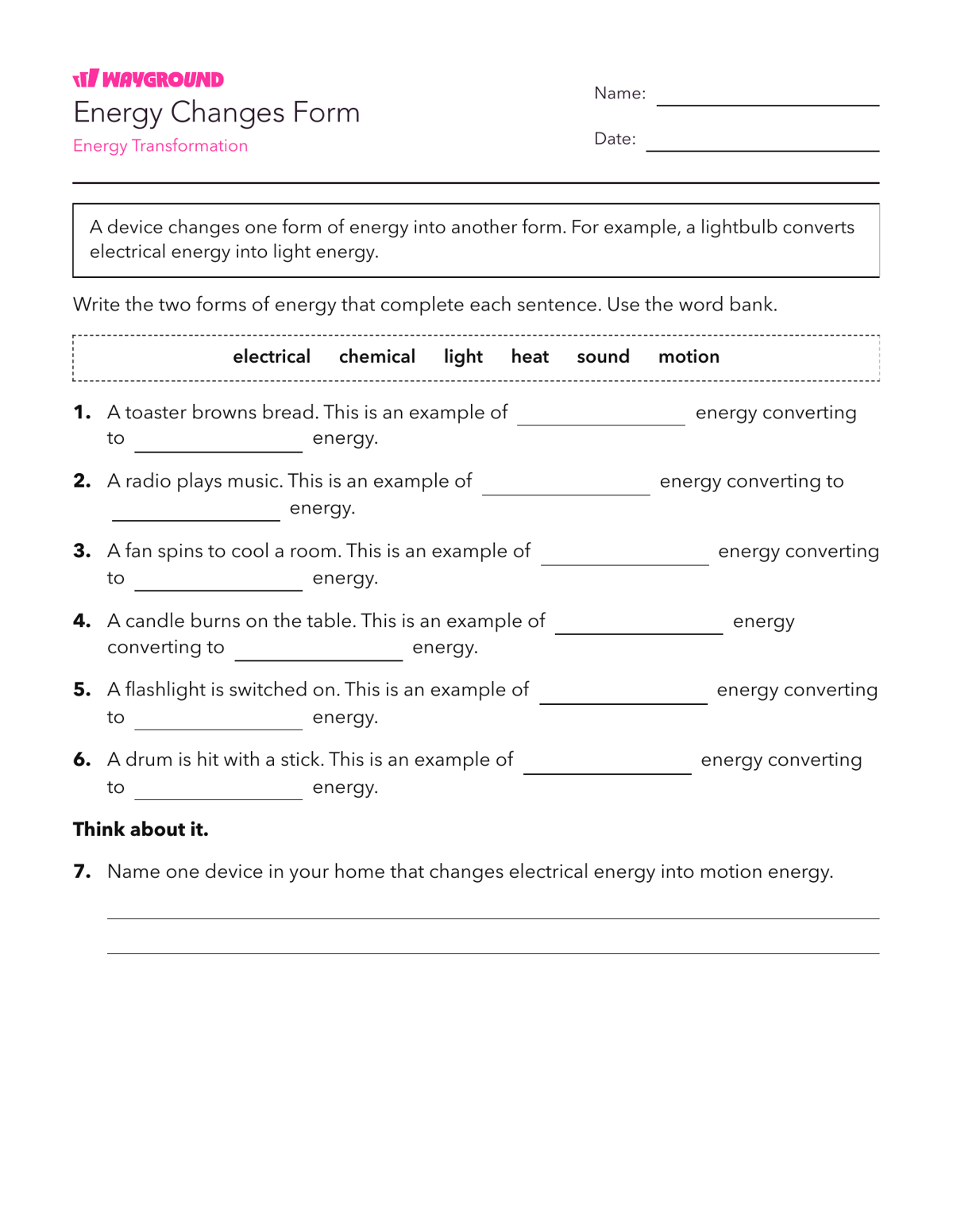 Energy Changes Form - Printable Năng-lượng Phiếu-bài-tập Lớp 5 - Quizizz