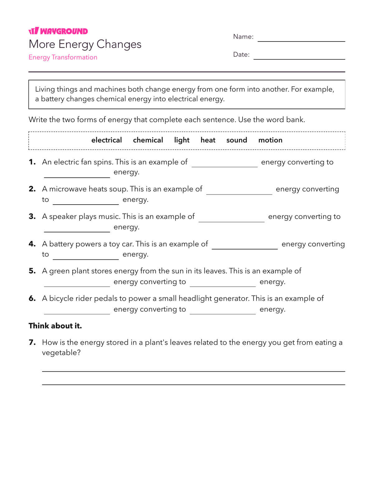 More Energy Changes - Printable Năng-lượng Phiếu-bài-tập Lớp 5 - Quizizz