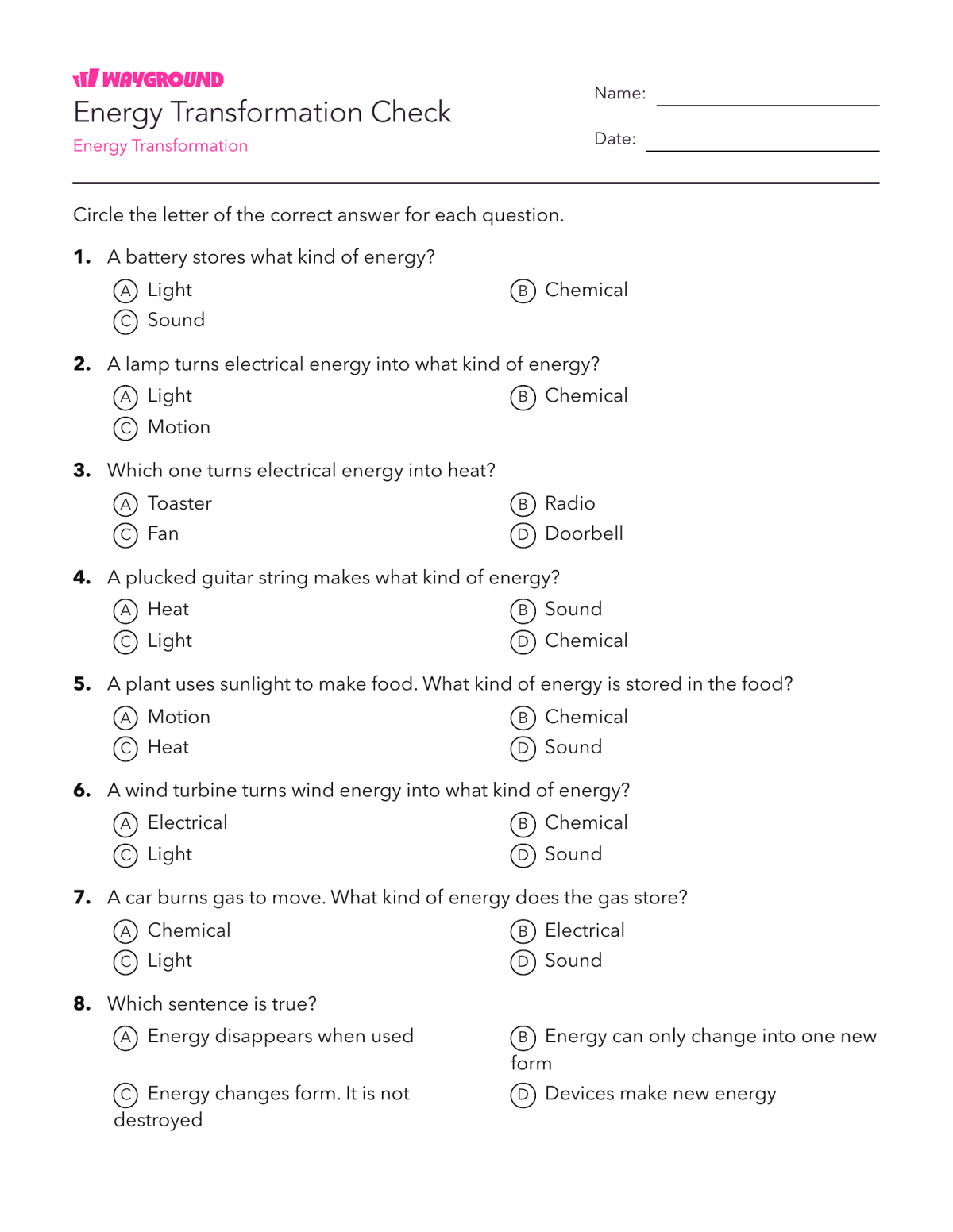 Energy Transformation Check - Printable Năng-lượng Phiếu-bài-tập Lớp 5 - Quizizz
