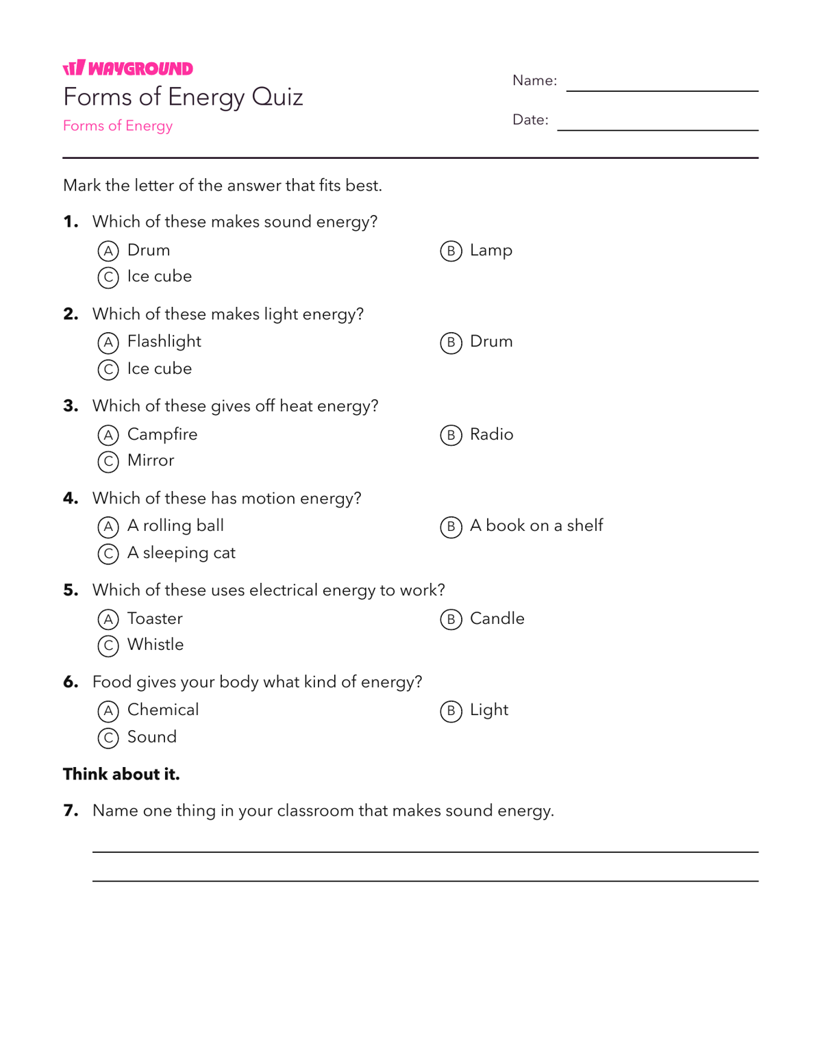 Forms of Energy Quiz - Printable Năng-lượng Phiếu-bài-tập Lớp 5 - Quizizz