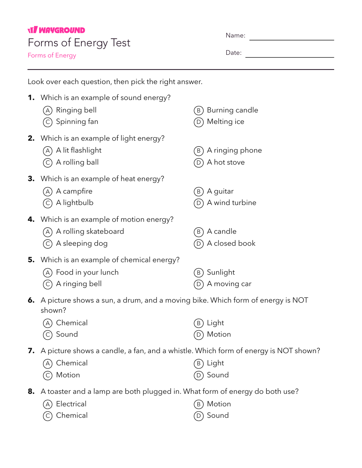 Forms of Energy Test - Printable Năng-lượng Phiếu-bài-tập Lớp 5 - Quizizz