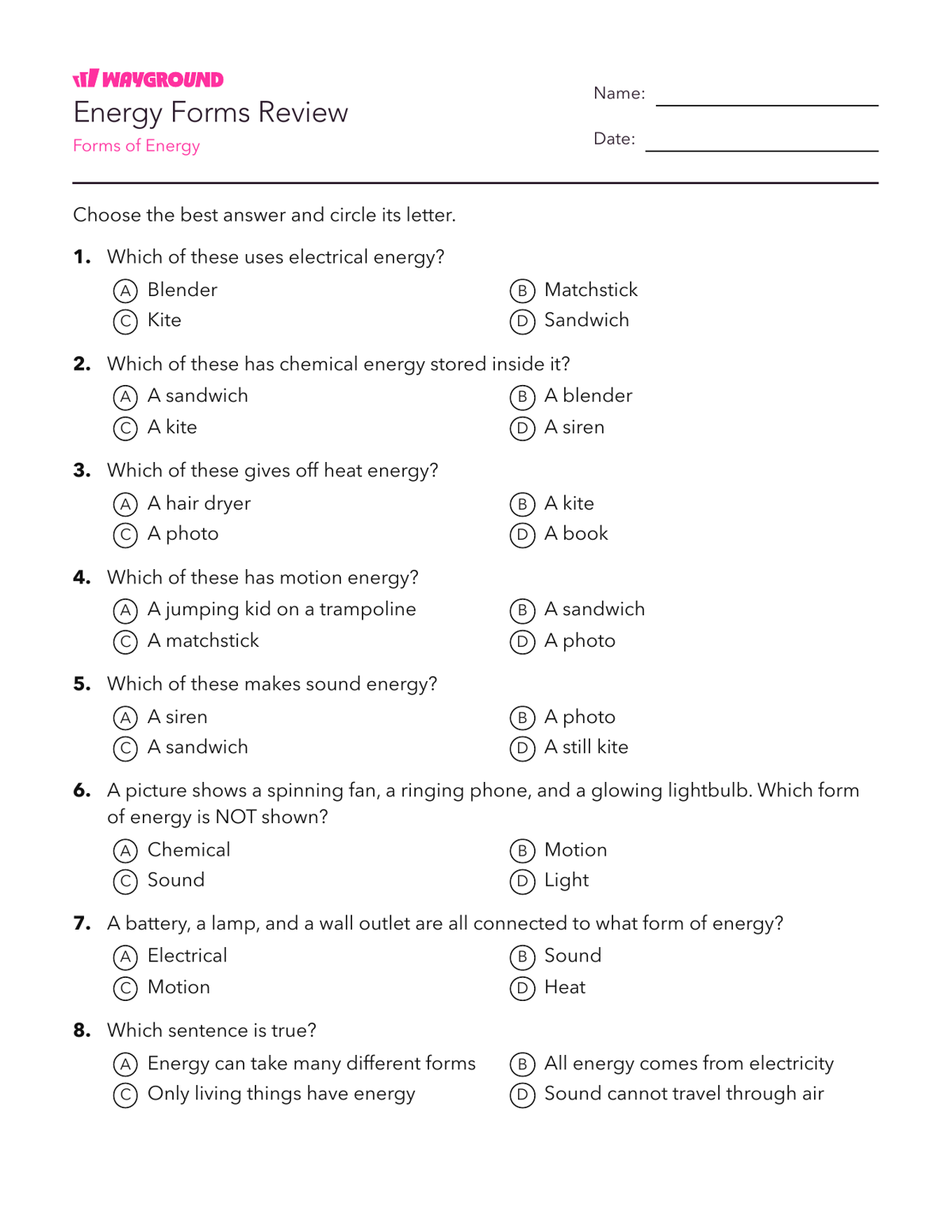 Energy Forms Review - Printable Năng-lượng Phiếu-bài-tập Lớp 5 - Quizizz