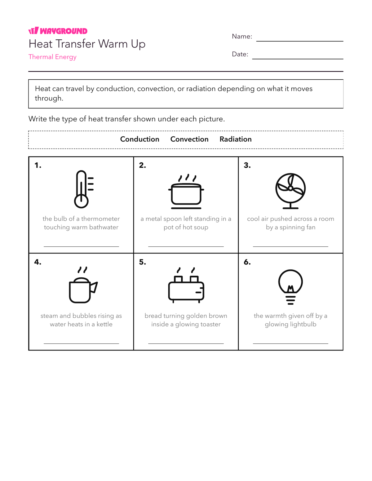 Heat Transfer Warm Up - Printable Năng-lượng Phiếu-bài-tập Lớp 6 - Quizizz